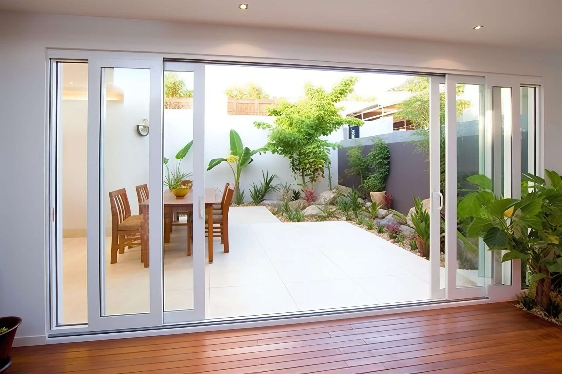 Open, white large format doors exposing backyard of Sag Harbor, NY home by Rockman Windows & Door