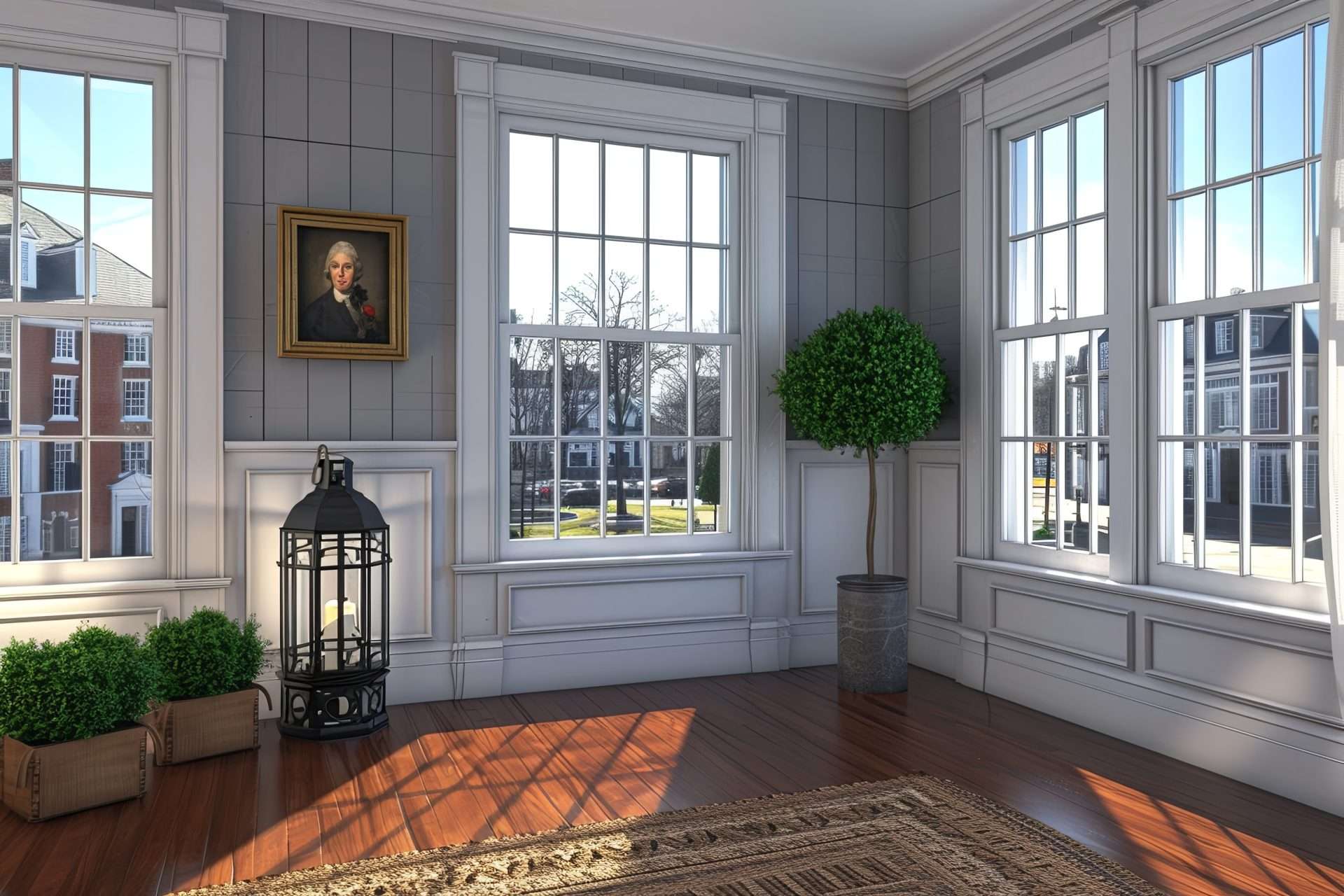 Inside view of double-hung windows in colonial home