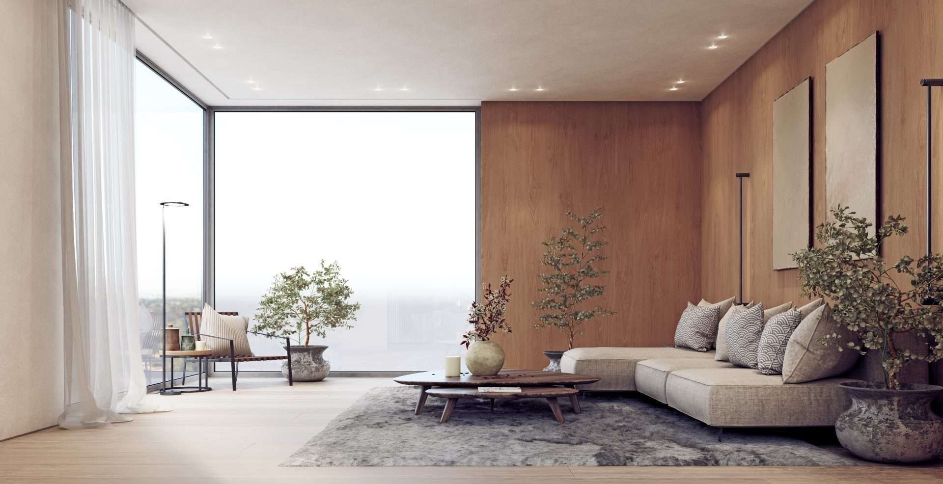 Interior view of a modern living room with floor-to-ceiling aluminum windows