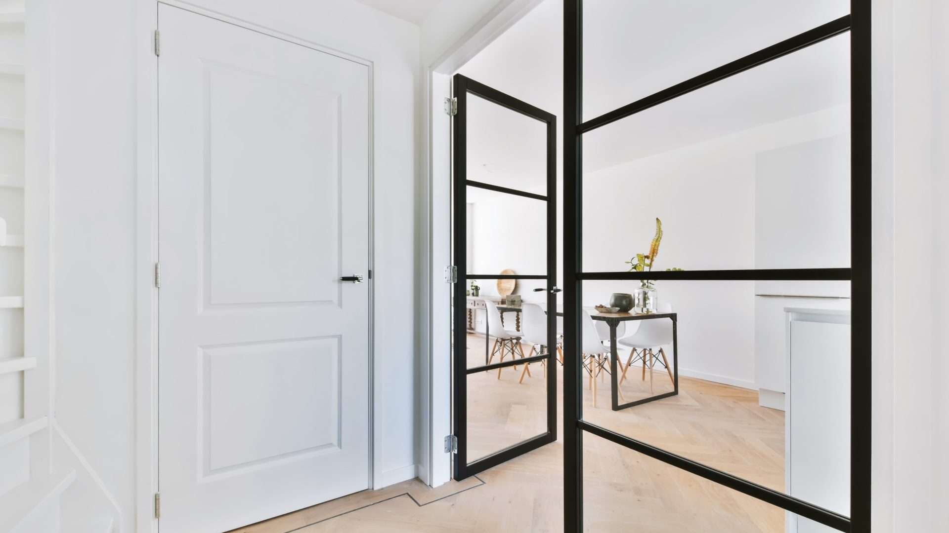 Angled view of interior minimal-frame aluminum doors