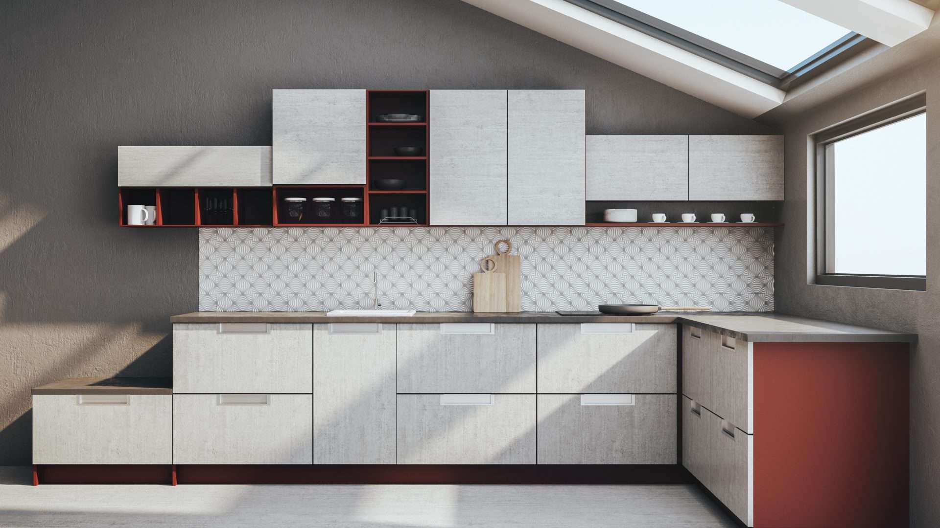 Indoor view of a modular kitchen with a large skylight and side window
