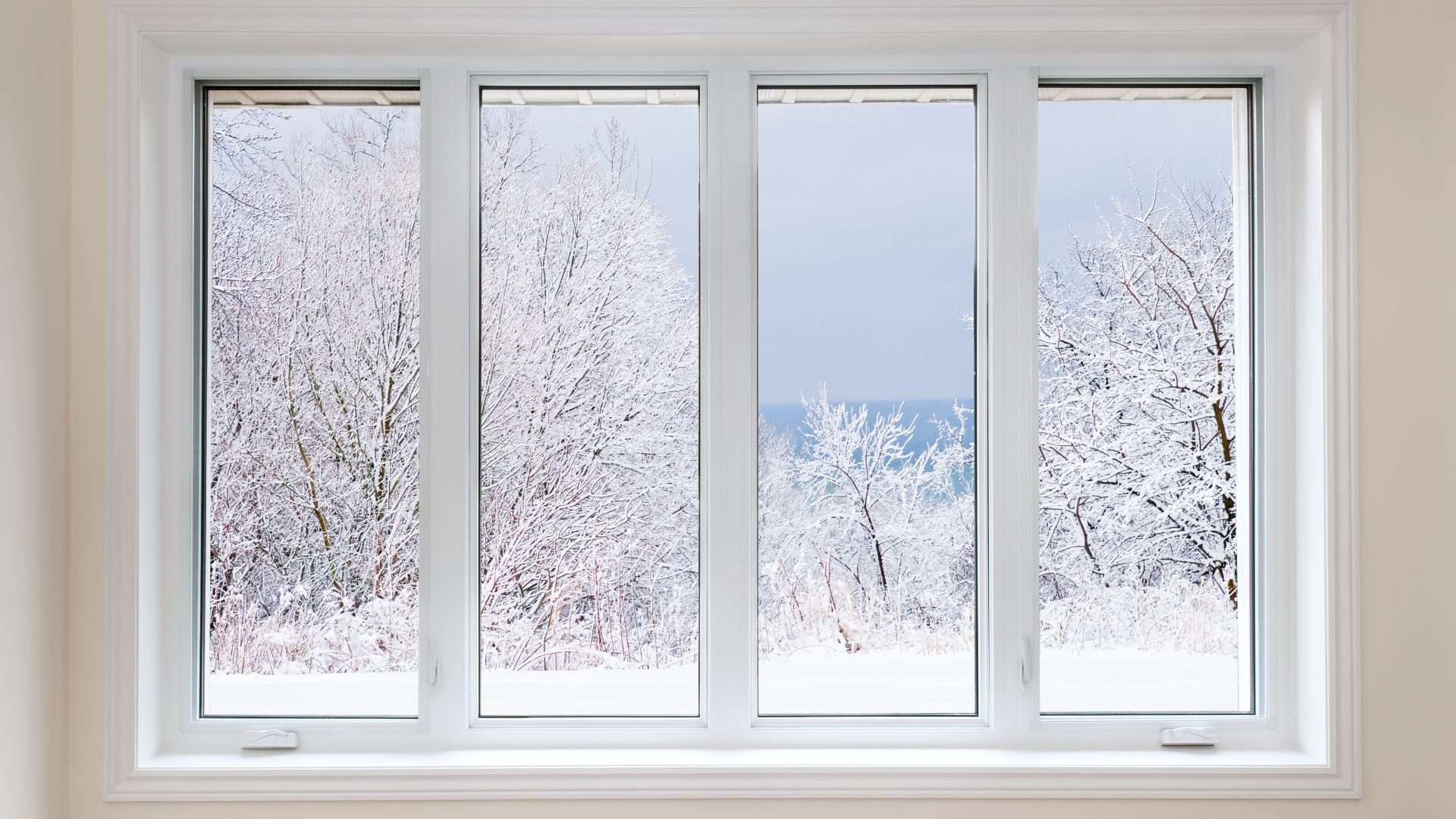View of a snowy outdoor scene through a series of four casement windows