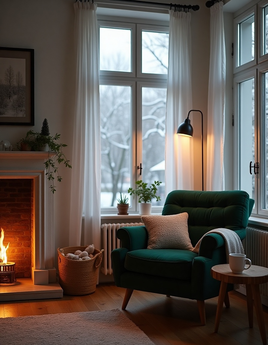 Living room with fireplace and casement windows overlooking snowy yard