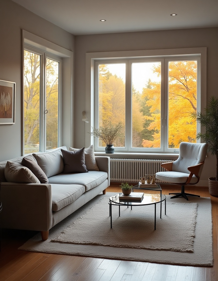 Living room with gray couch and large casement windows, overlooking autumn foliage