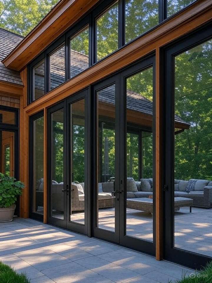 Sliding patio doors, modern house, outdoor seating, trees outside