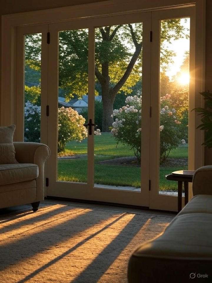French doors, carpeted room, sunset, garden view, cozy furniture