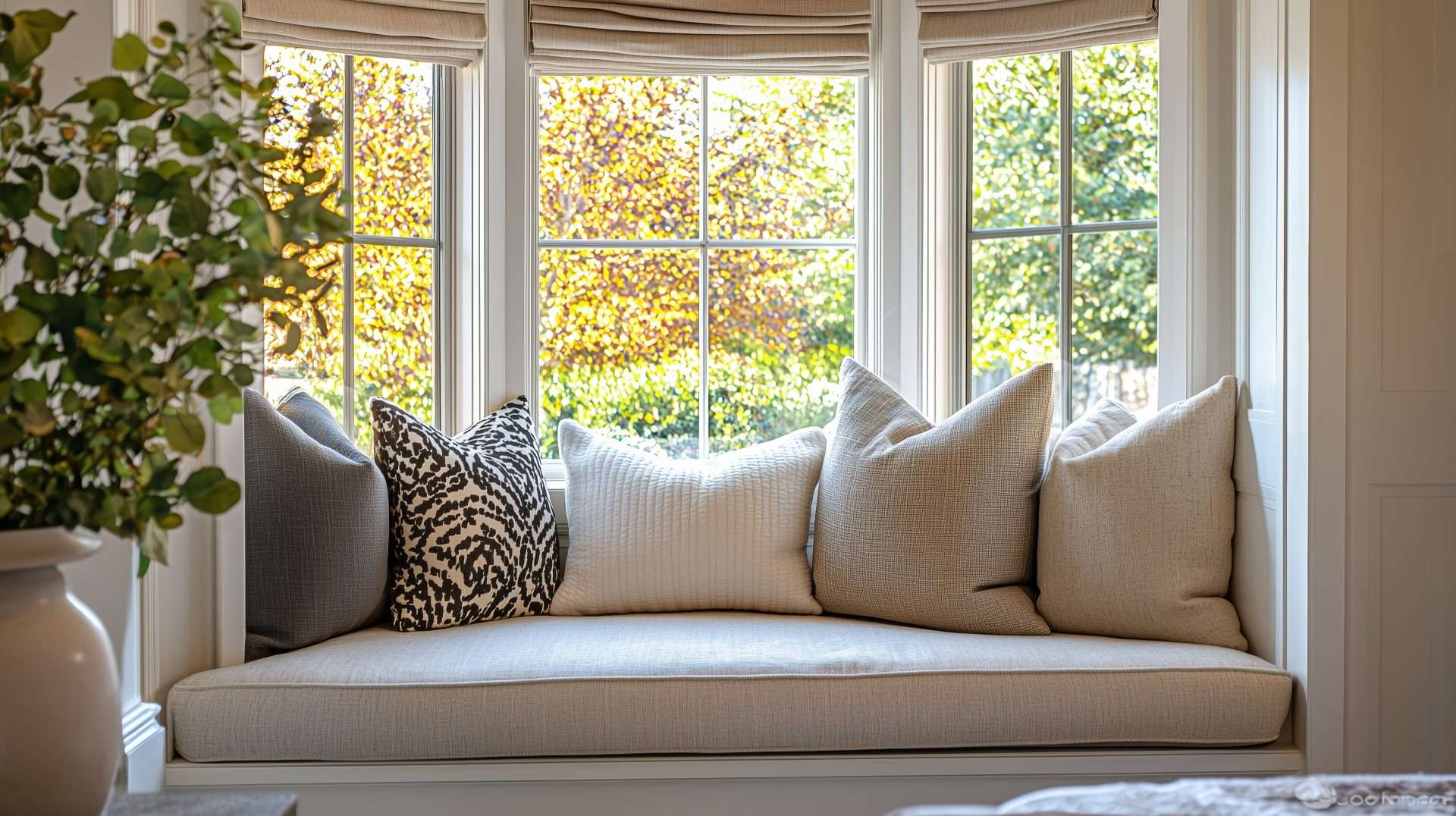 Bay windows with seating, a cushion, and pillows in front