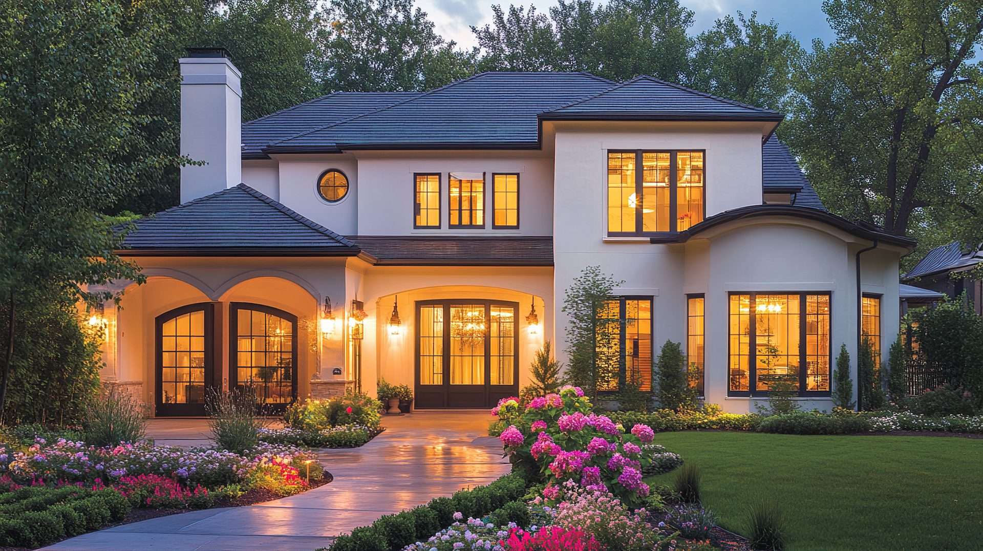A two-story tan house with a black roof, big windows, and glass doors