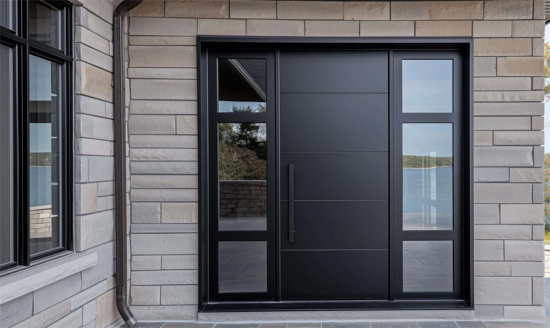 A black door of a house with windows on the sides