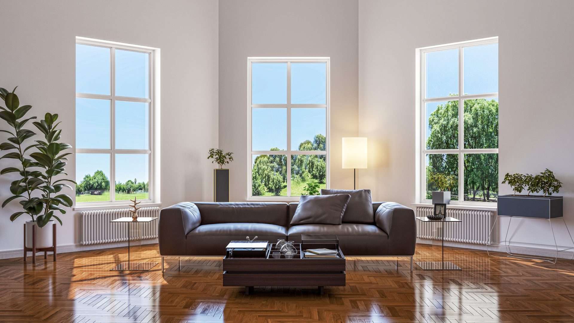 Beautiful Windows In Rye, NY | Rockman Windows & Doors A living room with large windows overlooking a lush green property.