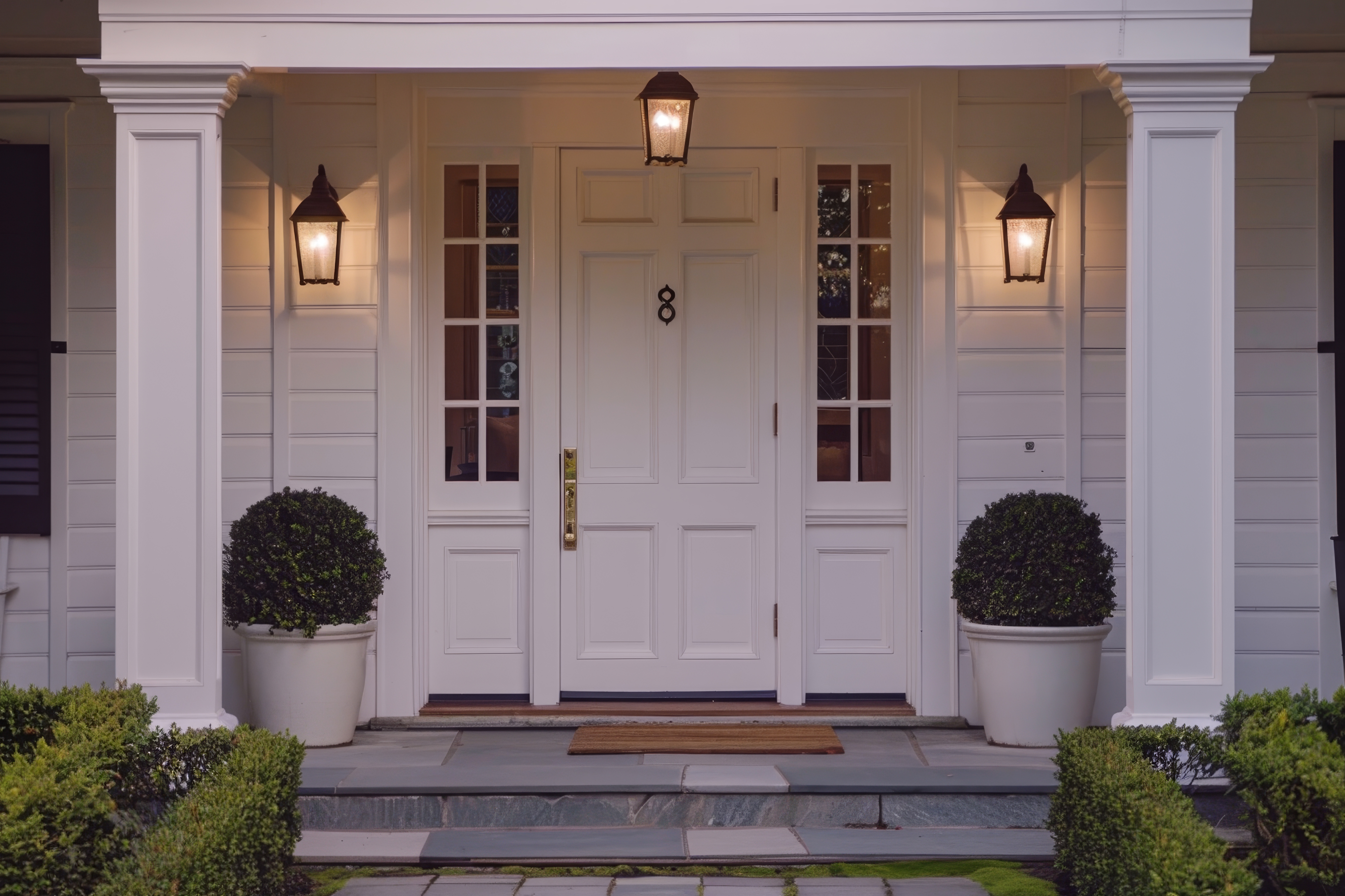 Elite Door Installations In Cold Spring, NY | Rockman Windows & Doors An elegant white entry door with sidelights on a Cold Spring, NY home.
