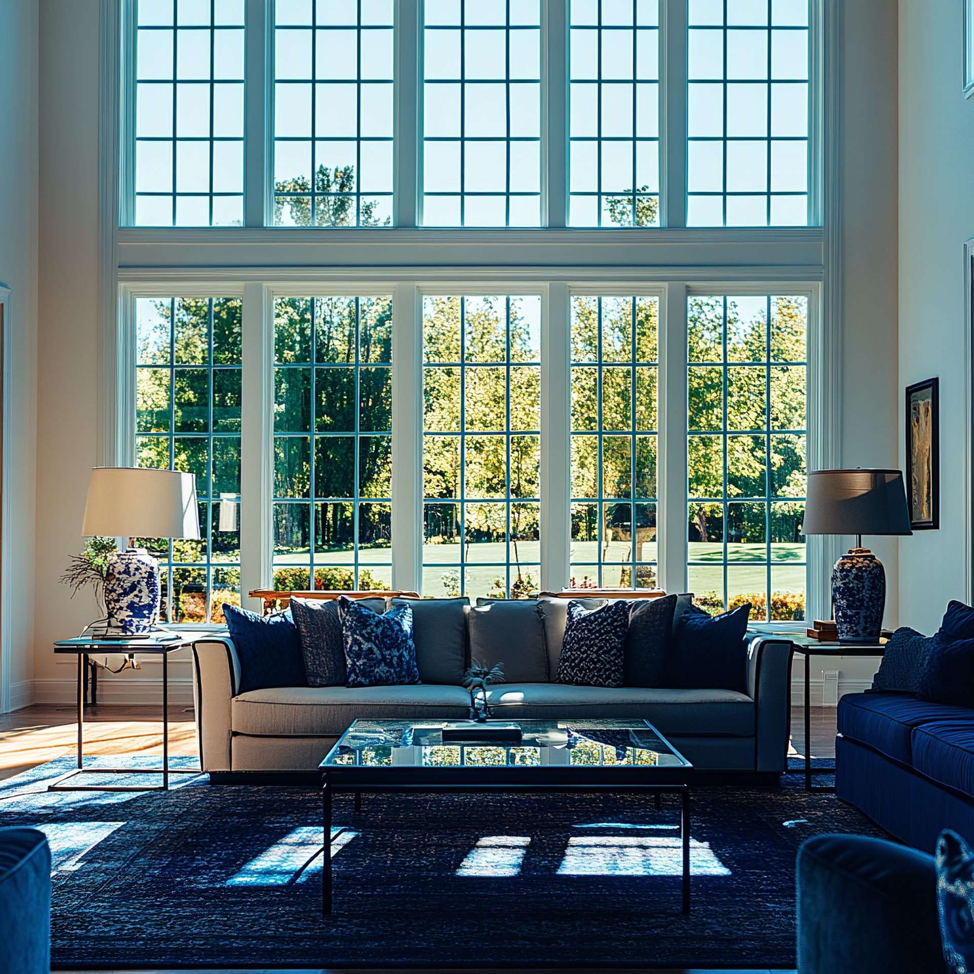 Elite Windows In Rye, NY | Rockman Windows & Doors A living room with large windows overlooking the yard.