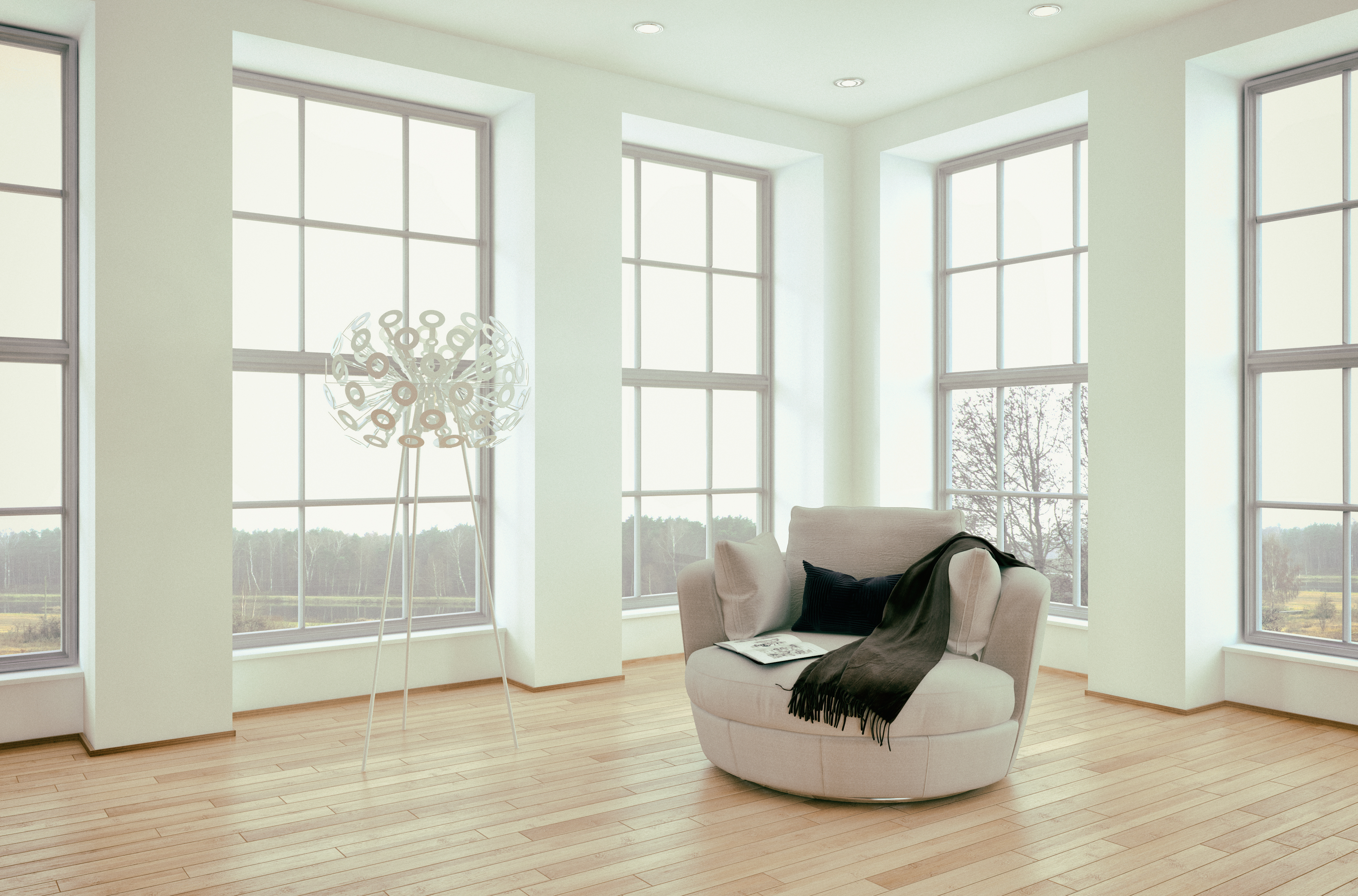 Amazing Custom Windows In Scarsdale, NY | Rockman Windows & Doors A large, upper-floor room in a house with tall, white-framed windows overlooking a cloudy day.