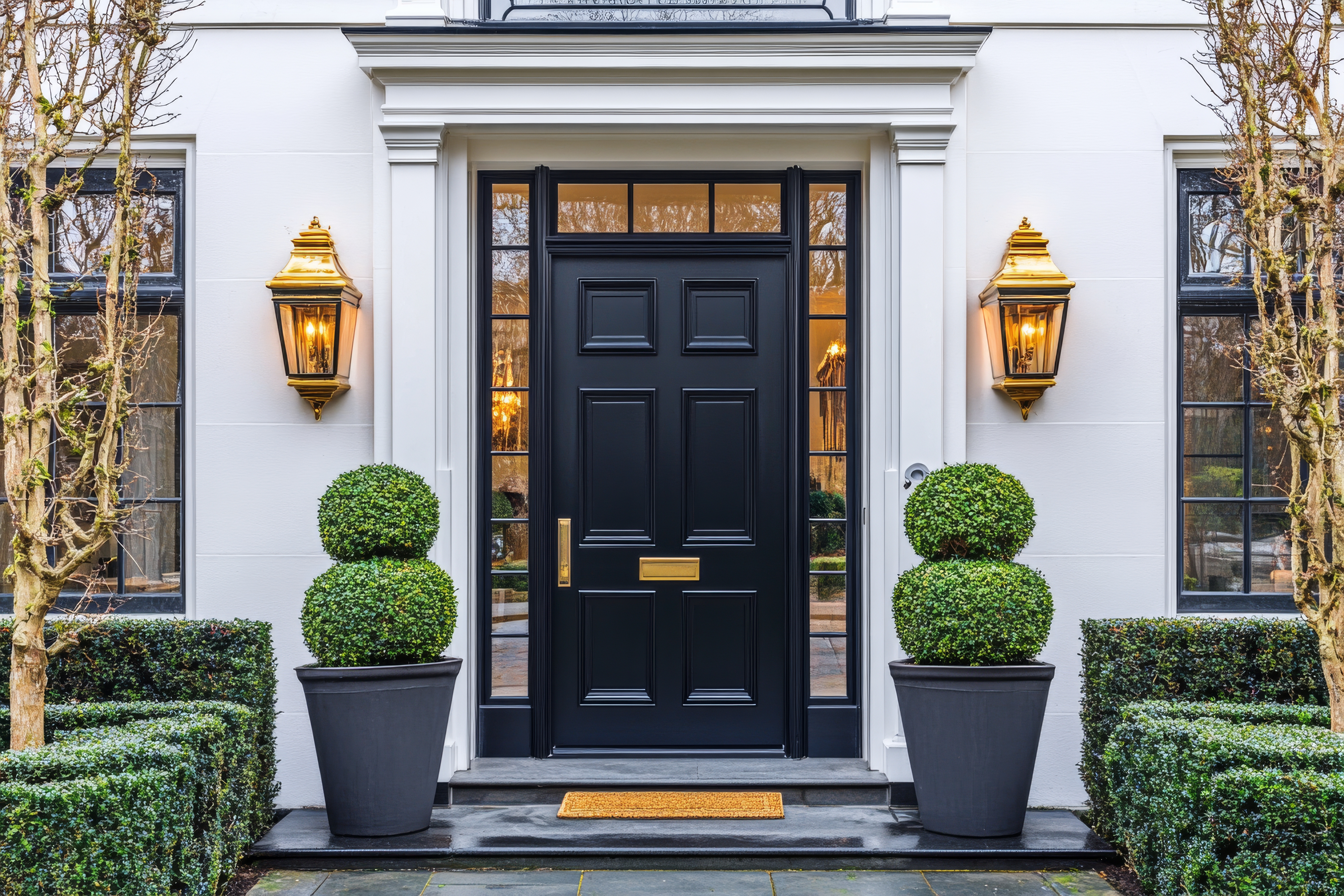 Detailed Custom Doors in Greenwich, CT | Rockman Windows & Doors The front of a high-end home with a sleek black door with sidelights and a transom.