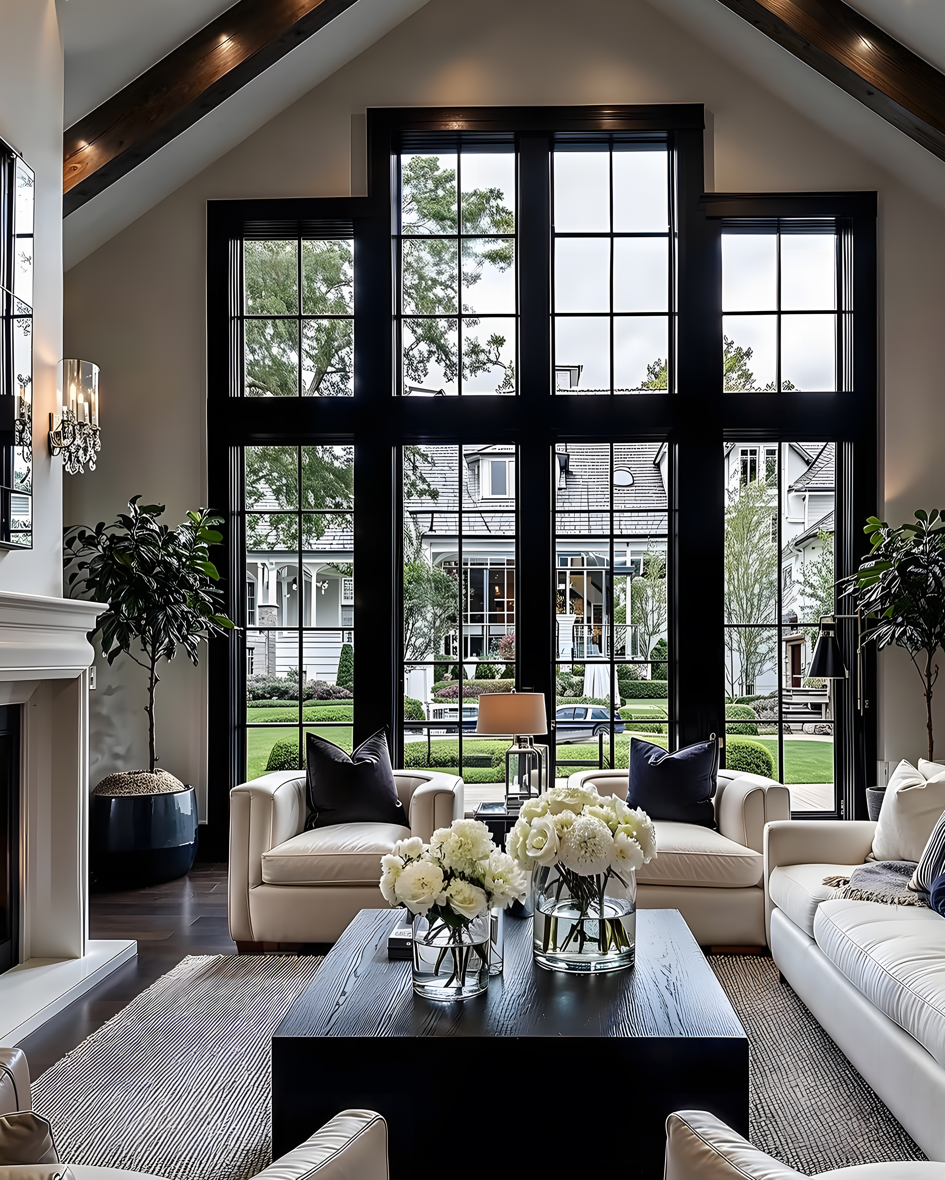 Efficient Windows In Scarsdale, NY | Rockman Windows And Doors A large white living room with white couches, black pillows, a black table, and large architectural windows.