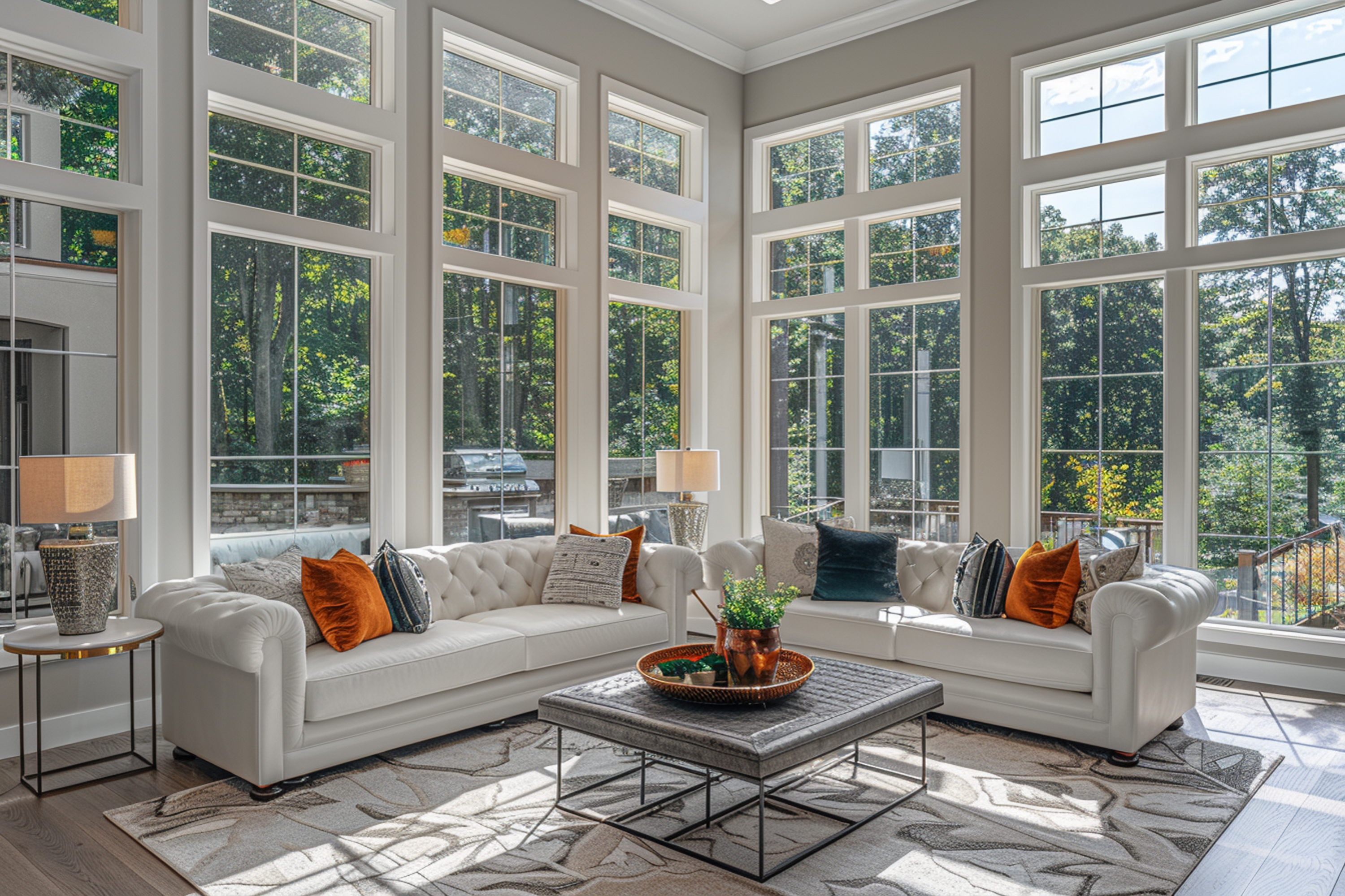 Panoramic Windows In Greenwich, CT | Rockman Windows And Doors A white living room with a table, white couches, and large windows looking outside.