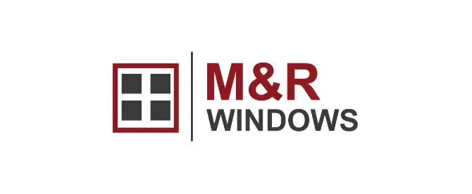 M & R Windows logo, “M & R” in burgundy lettering above dark gray “Windows” against a white background, with minimalist window icon to the left.