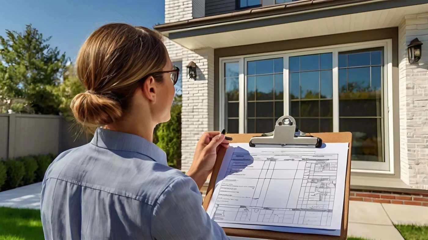 Premium Casement Windows in Greenwich, CT | Rockman Windows & Doors A window specialist reviews plans and measurements for premium casement windows outside a Greenwich, CT home.